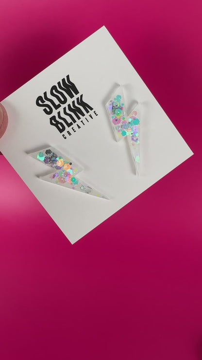 Medium White Glow In The Dark Glitter Lightning Bolt Earrings