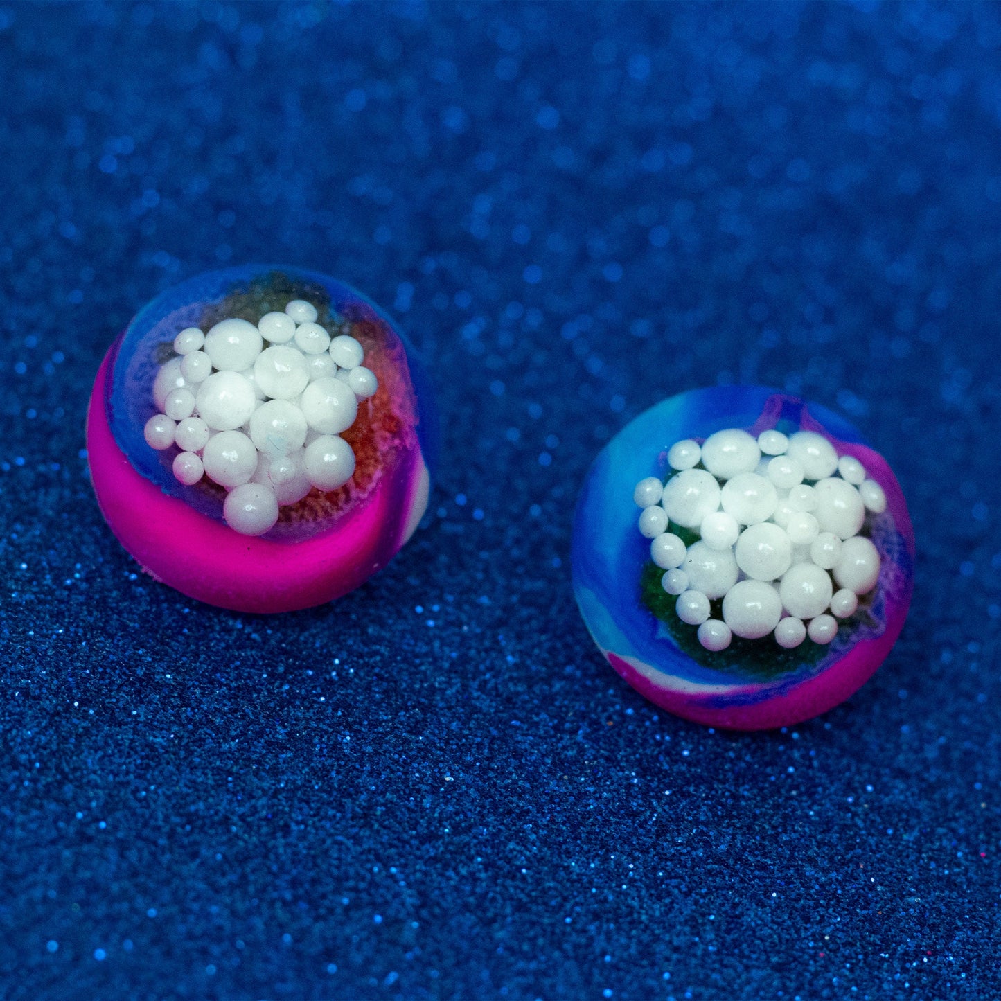 Dome Stud Earrings with Faux Pearls / Blue, Pink + Rainbow