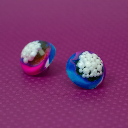 Dome Stud Earrings with Faux Pearls / Blue, Pink + Rainbow