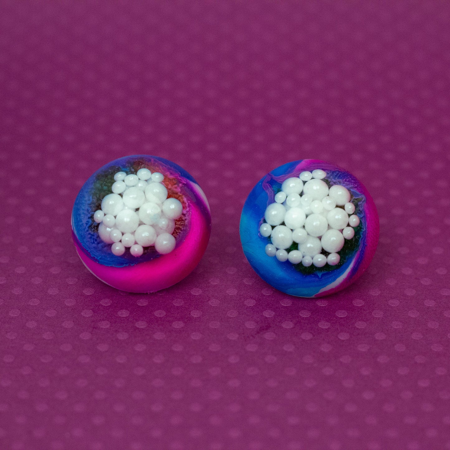 Dome Stud Earrings with Faux Pearls / Blue, Pink + Rainbow