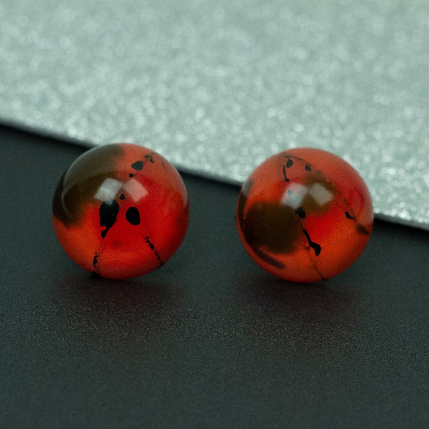 Dome Stud Earrings / Orange with Hand-painted Black Details