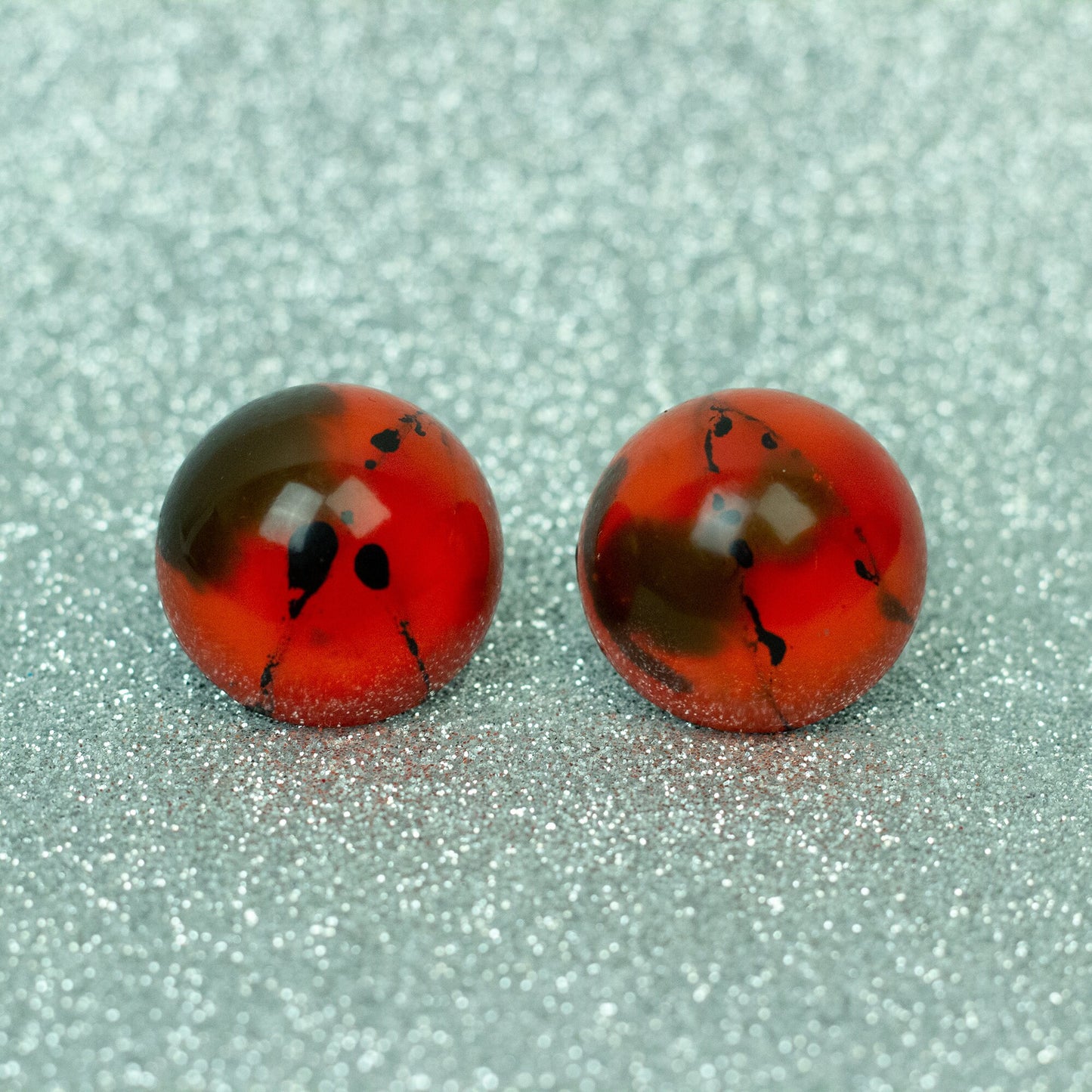 Dome Stud Earrings / Orange with Hand-painted Black Details