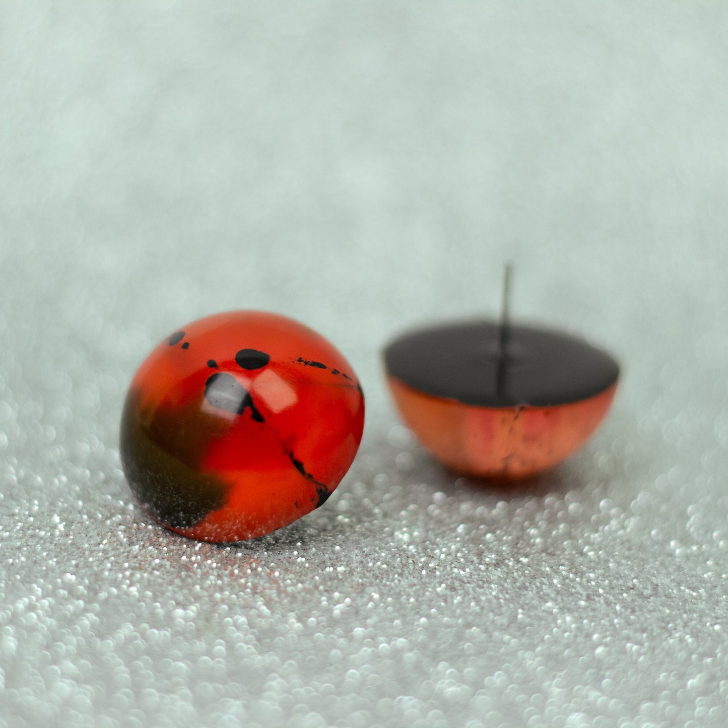 Dome Stud Earrings / Orange with Hand-painted Black Details