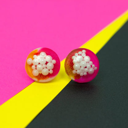 Dome Stud Earrings with Faux Pearls / Pink, Yellow + White (0.8" )