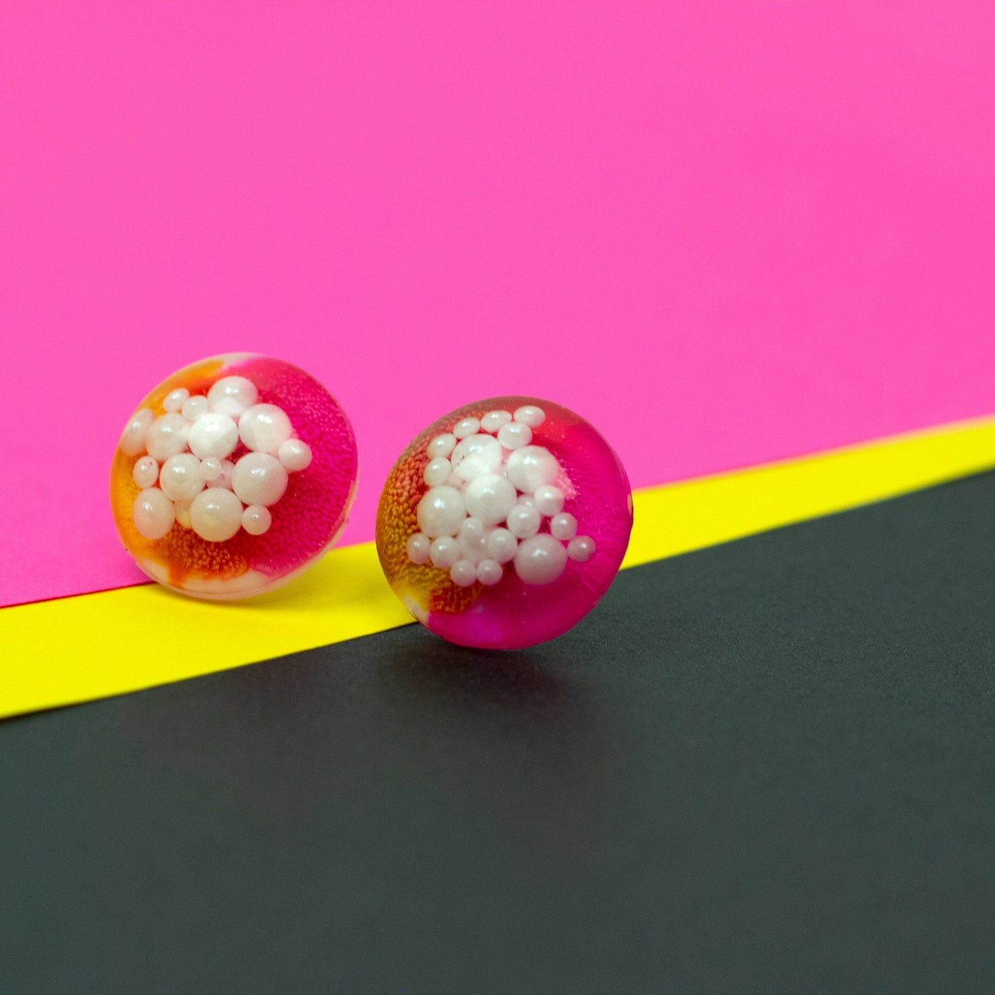 Dome Stud Earrings with Faux Pearls / Pink, Yellow + White (0.8" )