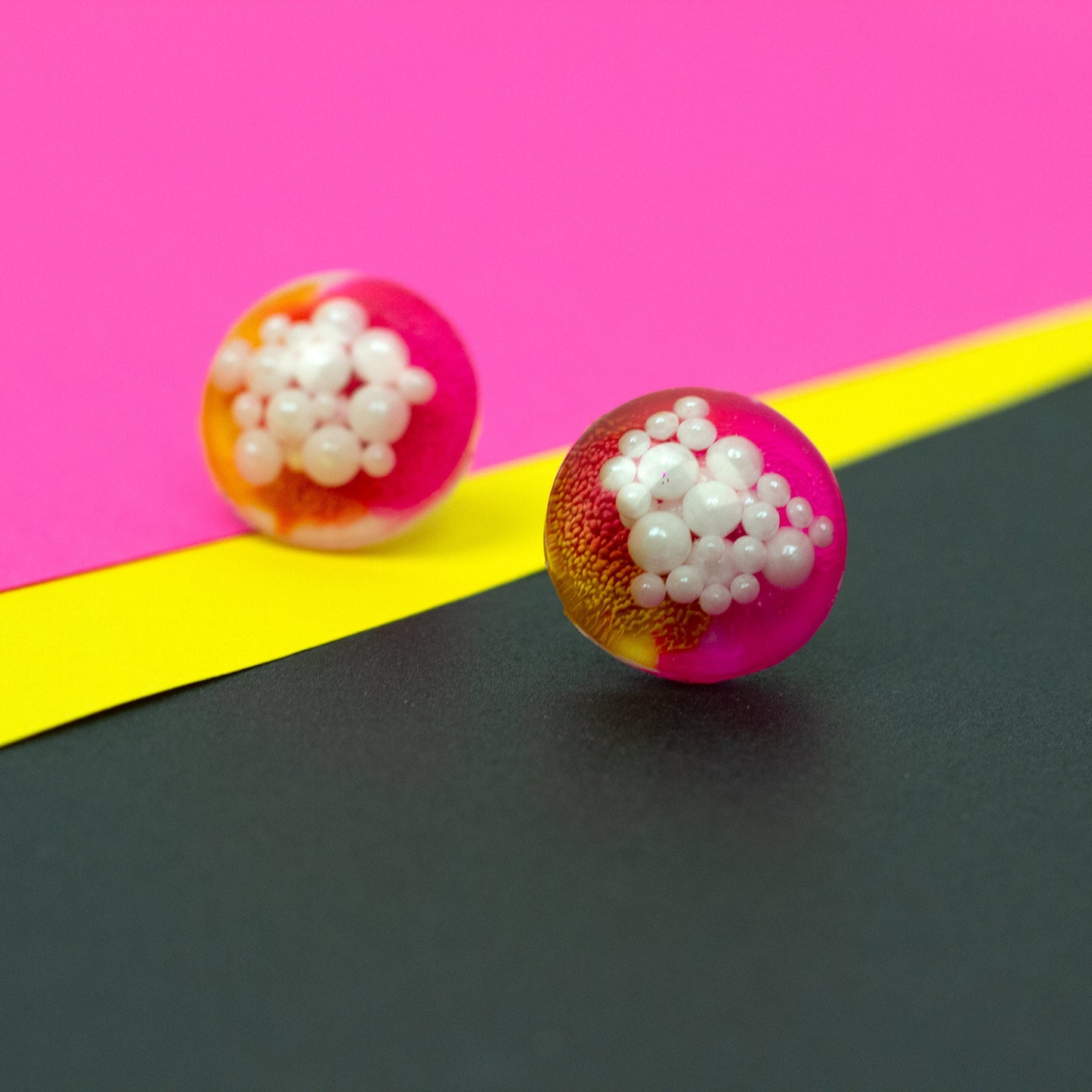 Dome Stud Earrings with Faux Pearls / Pink, Yellow + White (0.8" )