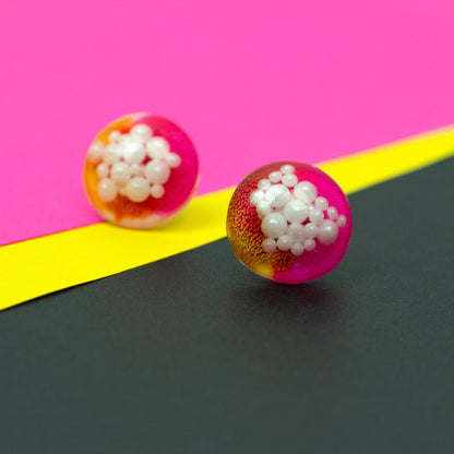 Dome Stud Earrings with Faux Pearls / Pink, Yellow + White (0.8" )