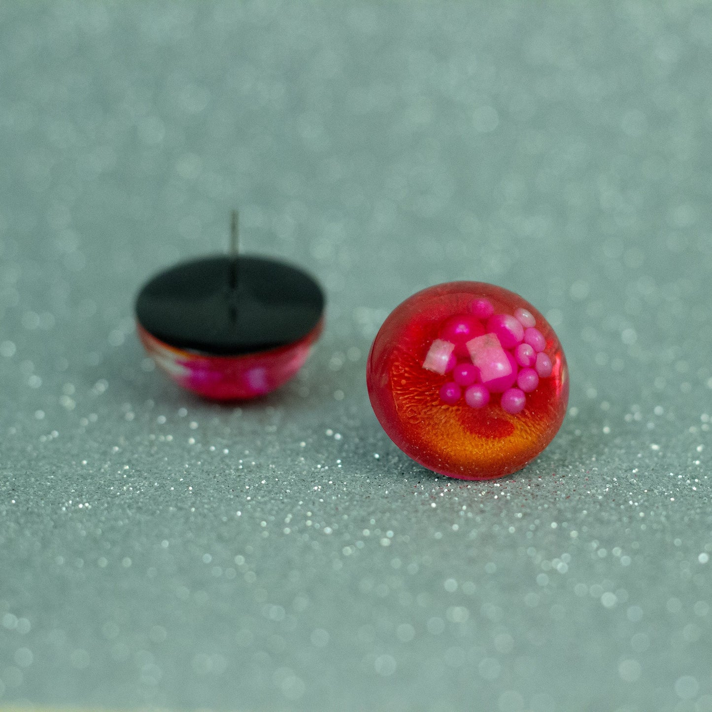 Dome Stud Earrings with Faux Pearls / Pink + Orange