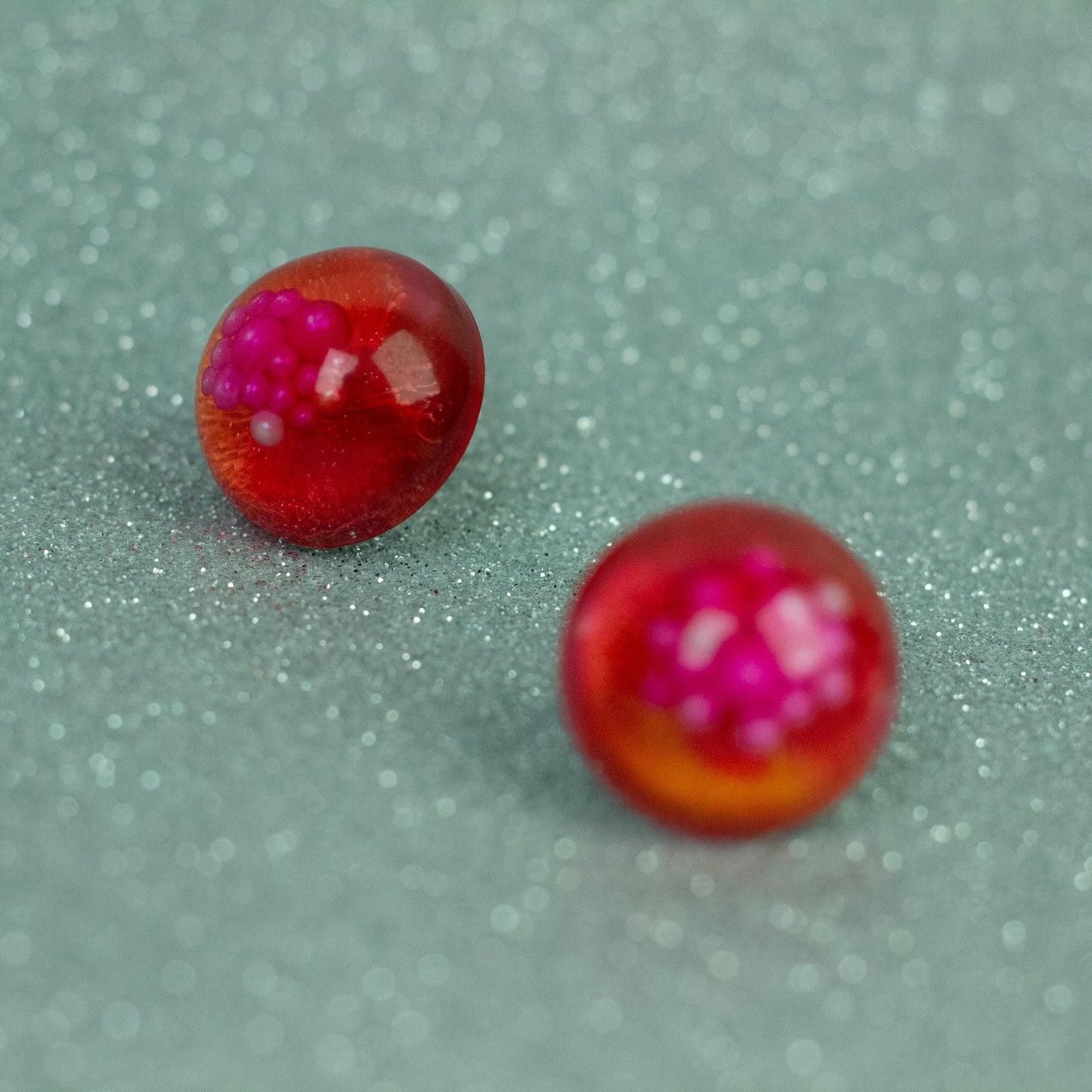 Dome Stud Earrings with Faux Pearls / Pink + Orange