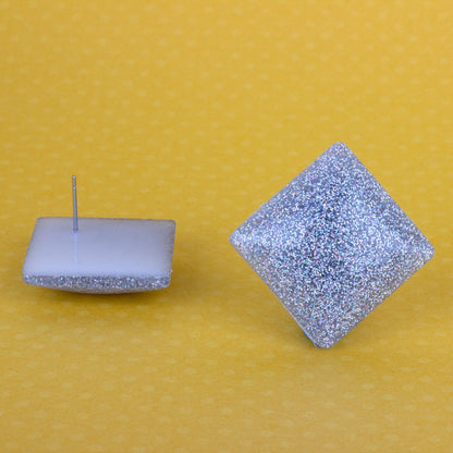 Square Retro Silver Holographic Glitter Earrings