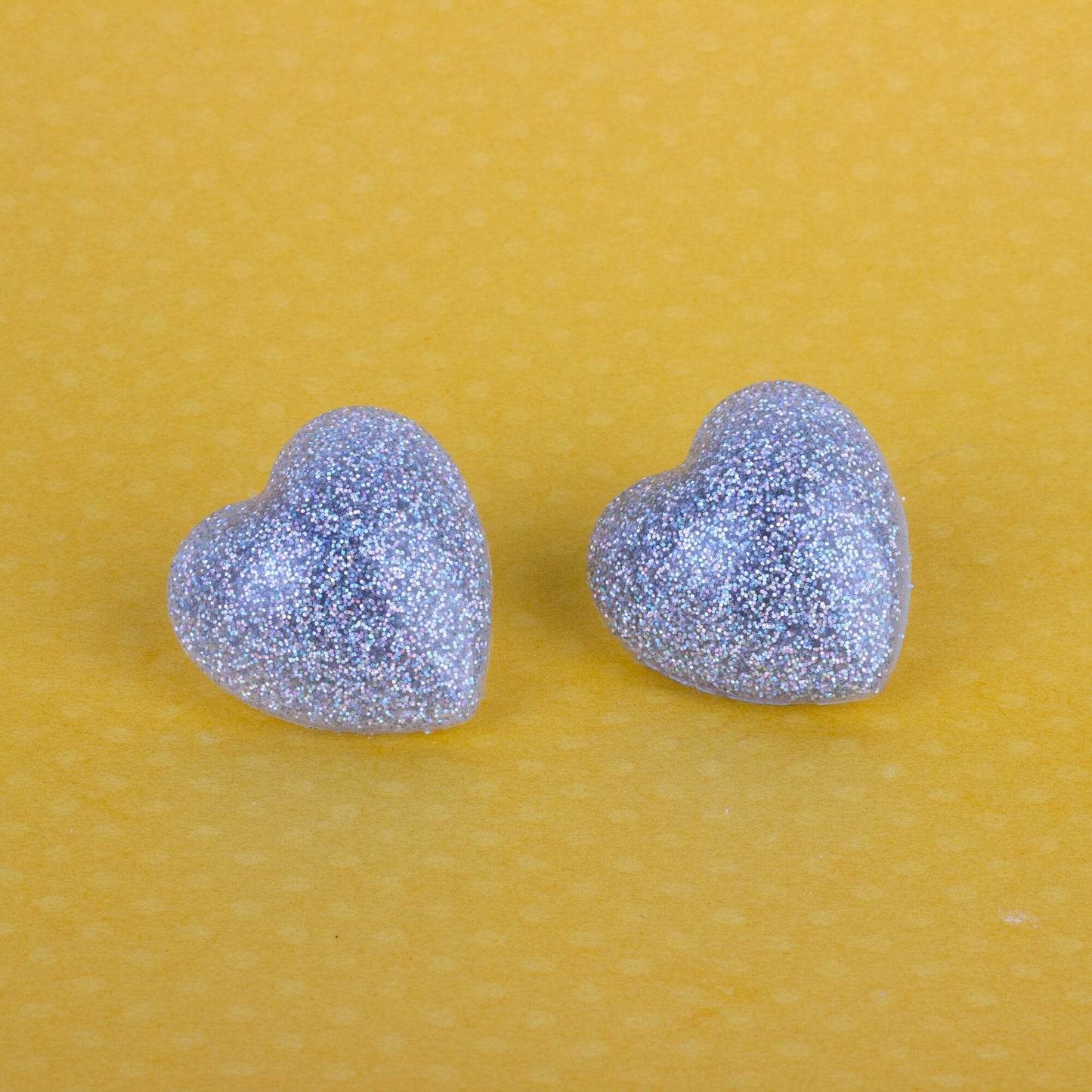 Retro Puffy Silver Holographic Glitter Heart Earrings