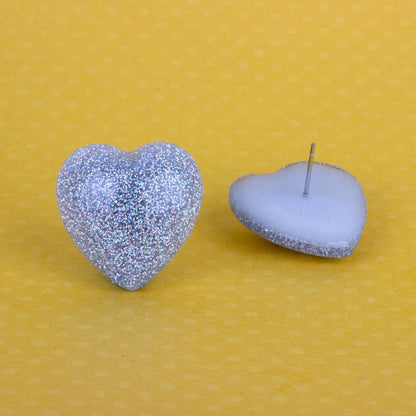 Retro Puffy Silver Holographic Glitter Heart Earrings