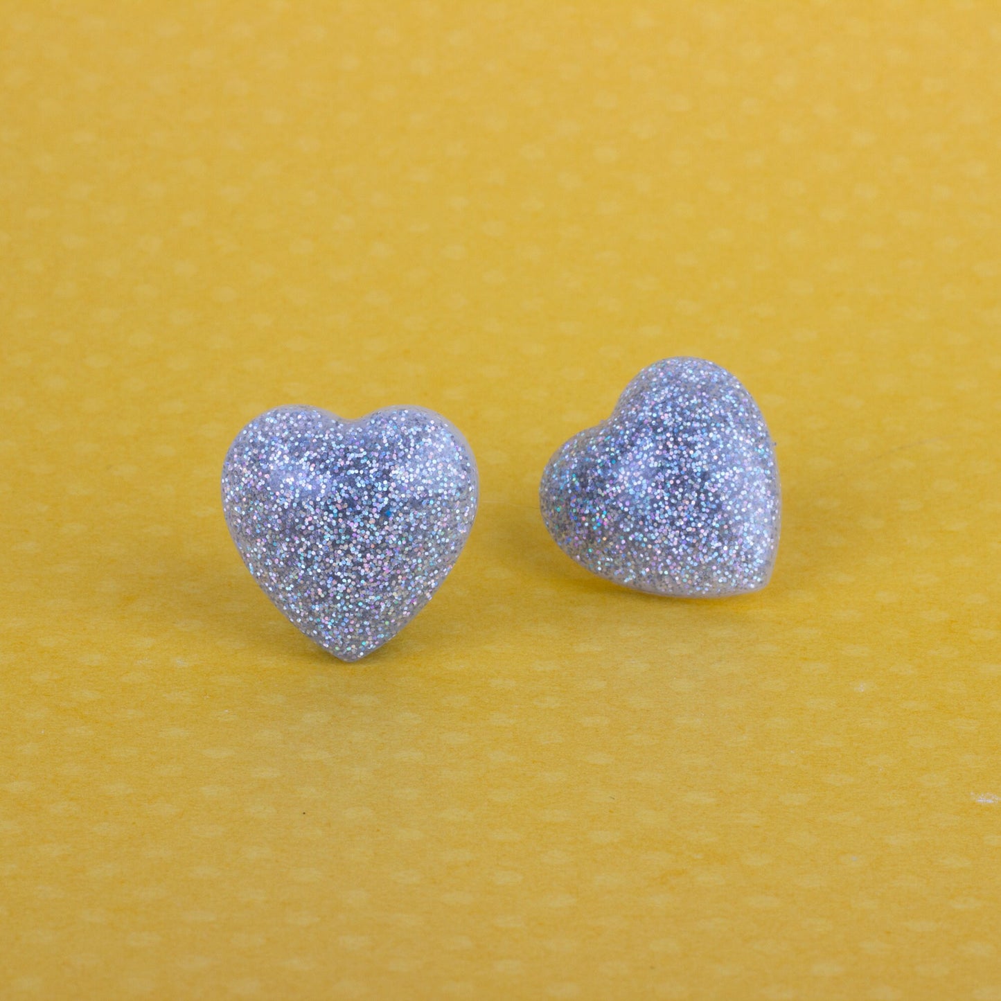 Retro Puffy Silver Holographic Glitter Heart Earrings