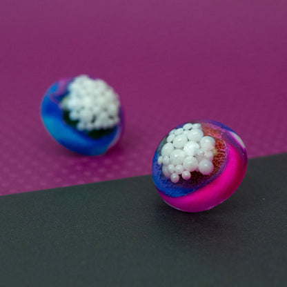 Dome Stud Earrings with Faux Pearls / Blue, Pink + Rainbow