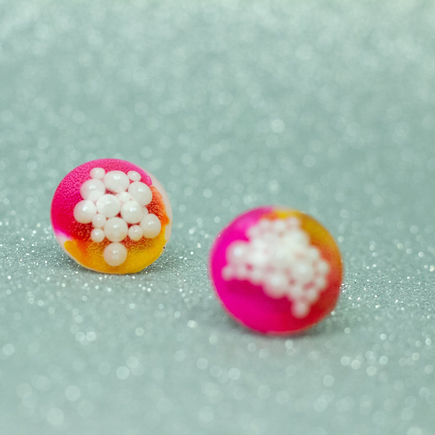 Dome Stud Earrings with Faux Pearls / Pink, Yellow + White (0.8" )