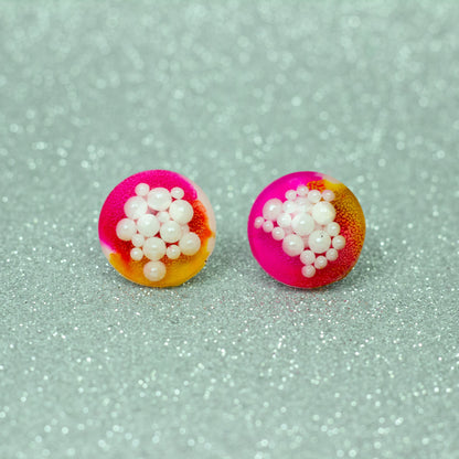 Dome Stud Earrings with Faux Pearls / Pink, Yellow + White (0.8" )