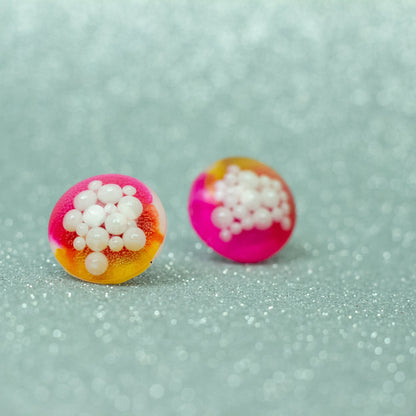 Dome Stud Earrings with Faux Pearls / Pink, Yellow + White (0.8" )