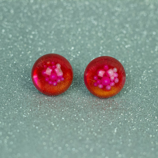 Dome Stud Earrings with Faux Pearls / Pink + Orange