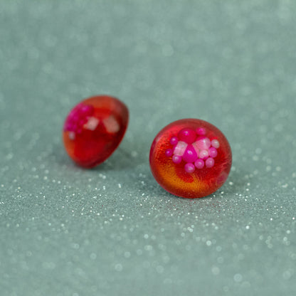 Dome Stud Earrings with Faux Pearls / Pink + Orange