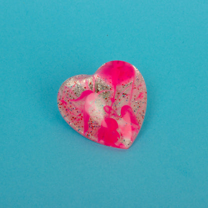 Heart Lapel Pin Brooch / Silver Glitter + Pink