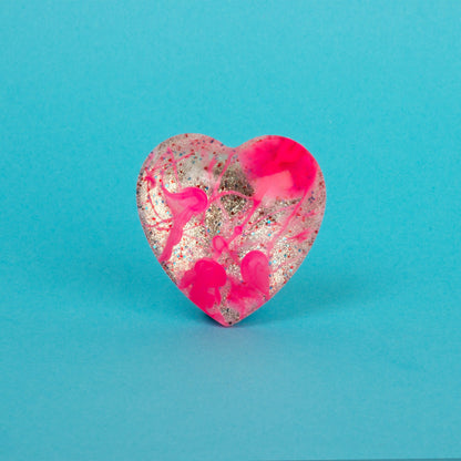 Heart Lapel Pin Brooch / Silver Glitter + Pink