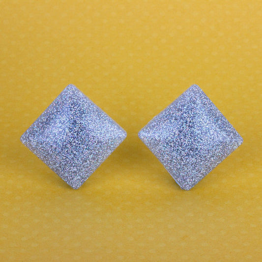 Square Retro Silver Holographic Glitter Earrings