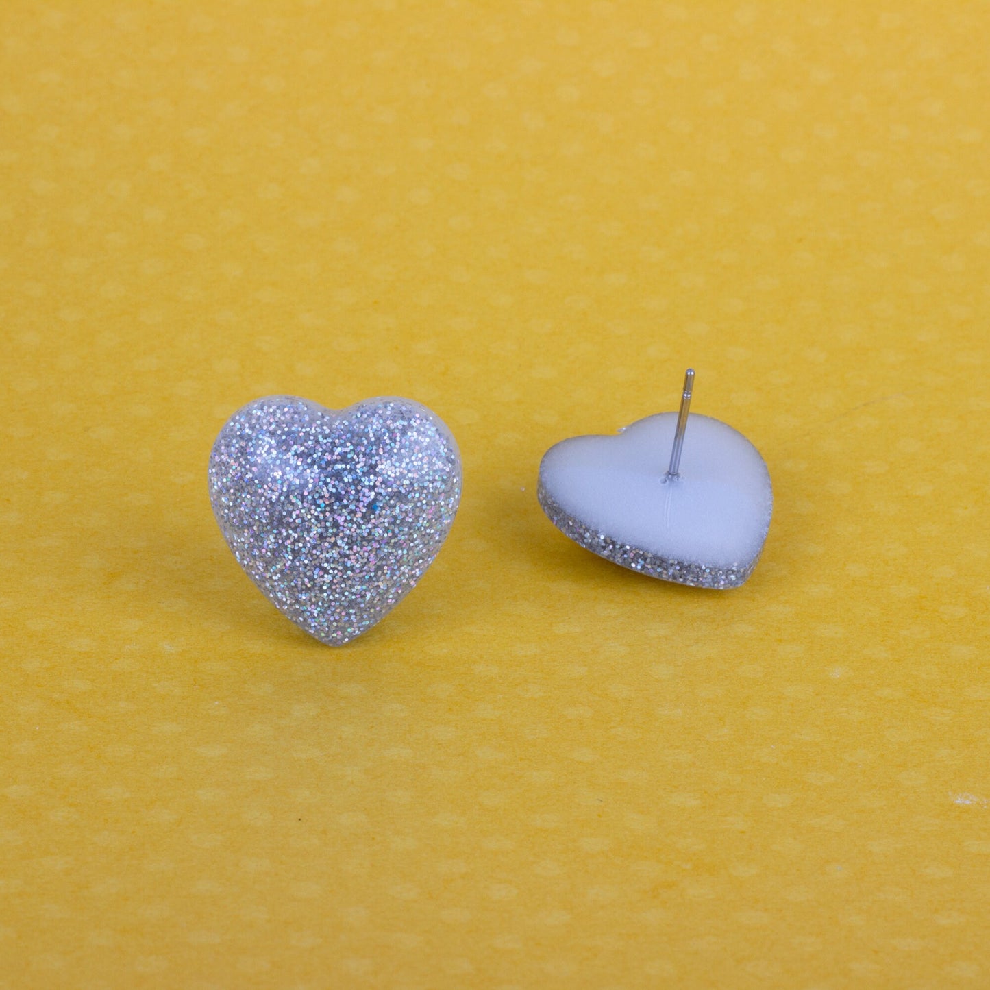 Retro Puffy Silver Holographic Glitter Heart Earrings