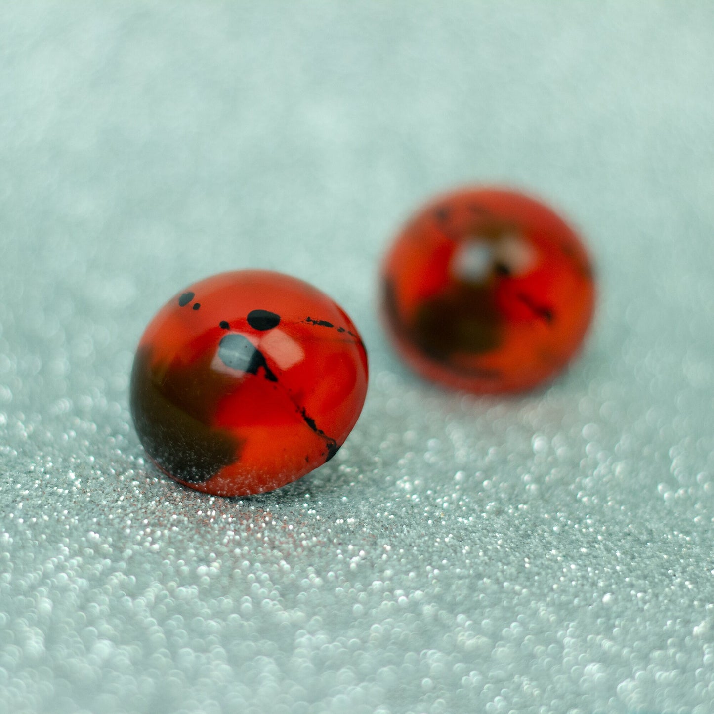 Dome Stud Earrings / Orange with Hand-painted Black Details