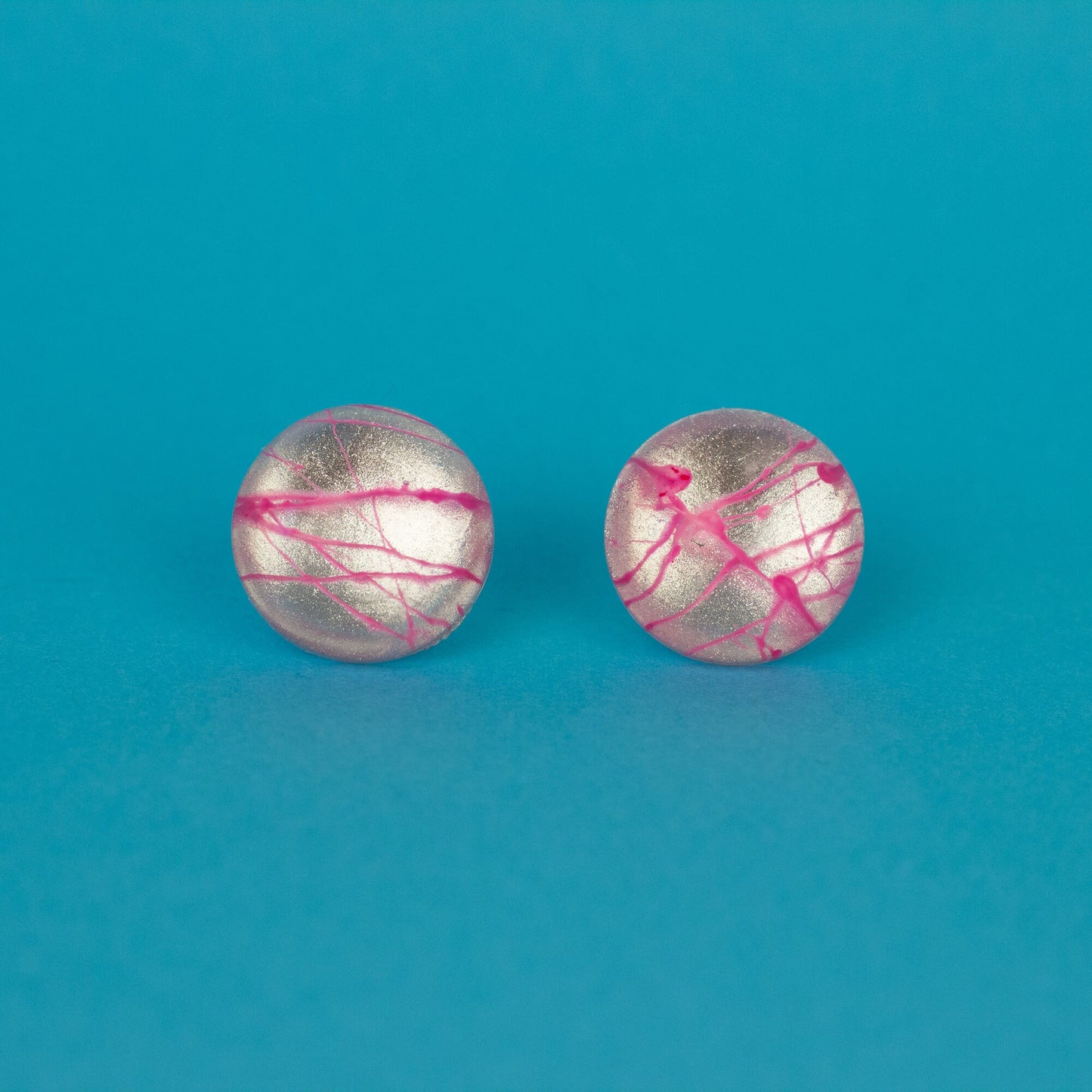 Round Metallic Silver + Pink Edgy Earrings