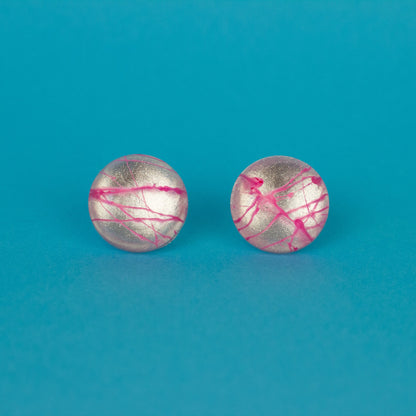 Round Metallic Silver + Pink Edgy Earrings