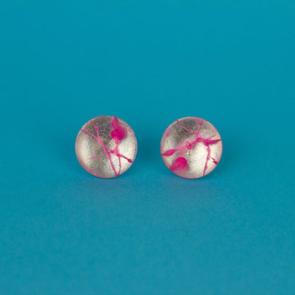 Round Metallic Silver + Pink Edgy Earrings