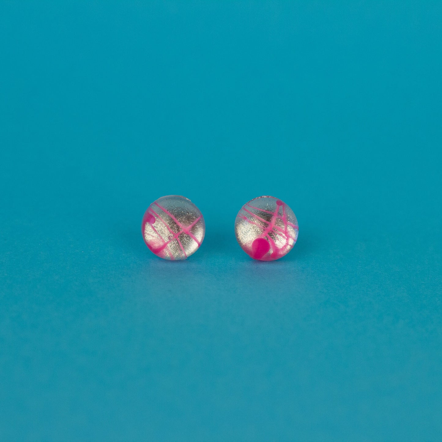 Round Metallic Silver + Pink Edgy Earrings