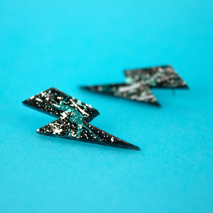 Medium Lightning Bolt Earrings / Black, Silver + Mint