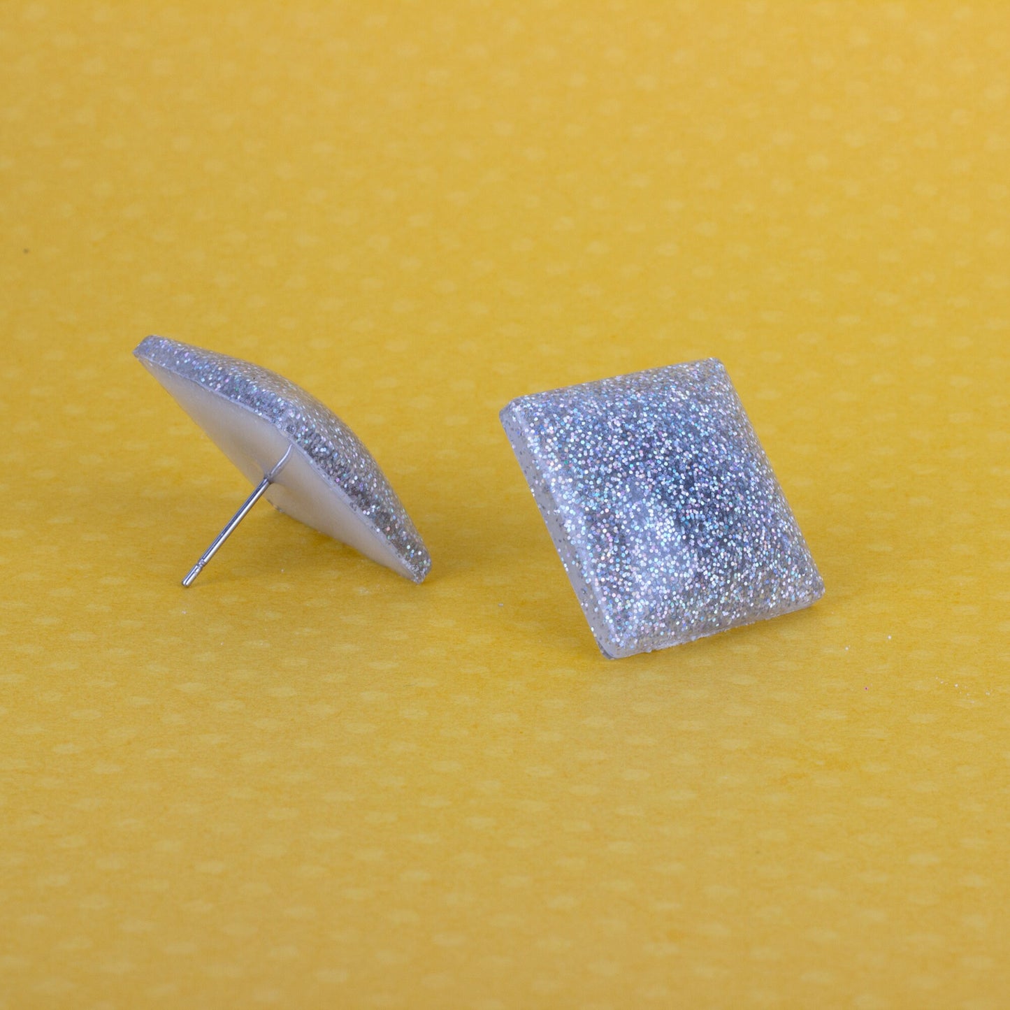 Square Retro Silver Holographic Glitter Earrings