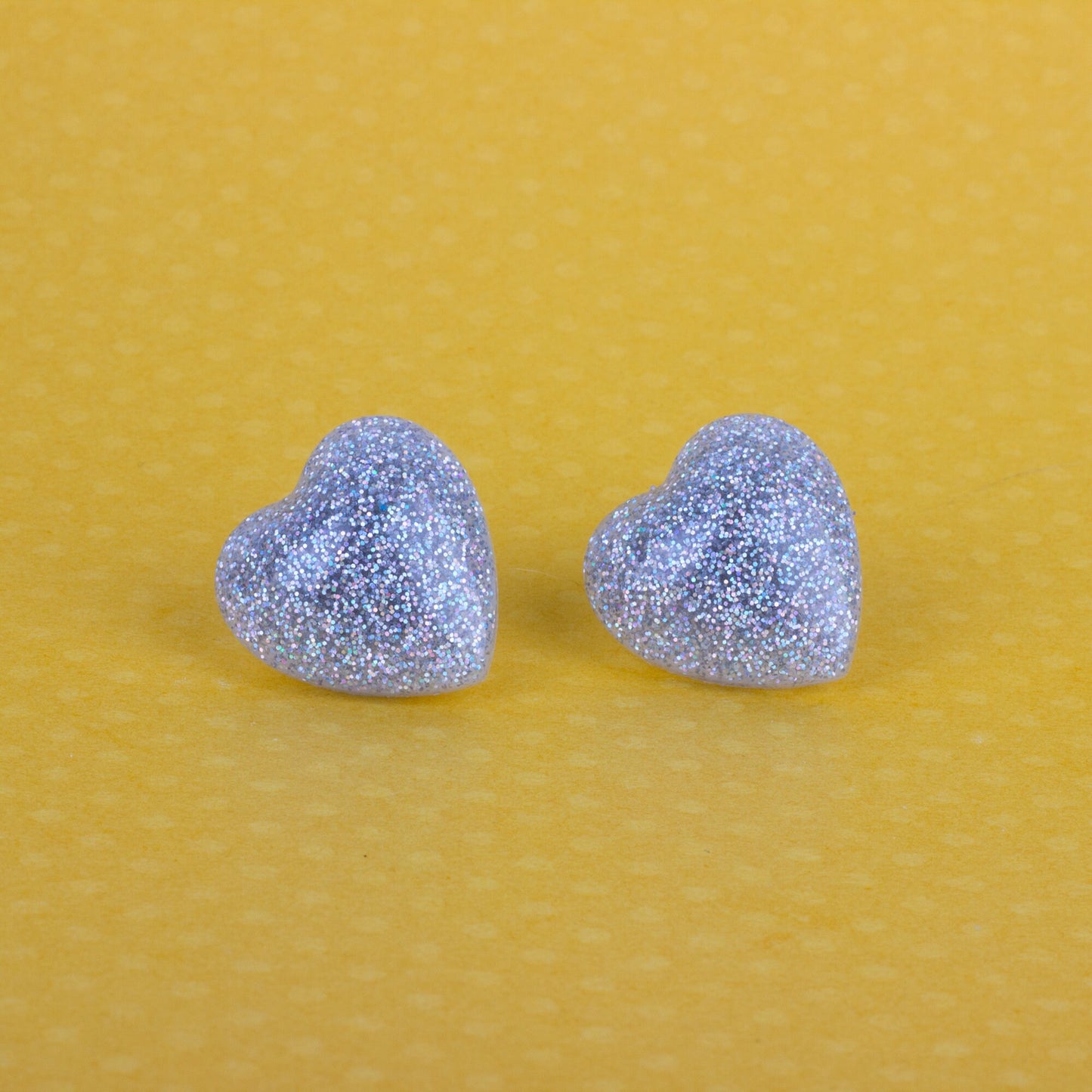 Retro Puffy Silver Holographic Glitter Heart Earrings