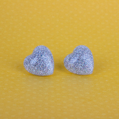 Retro Puffy Silver Holographic Glitter Heart Earrings