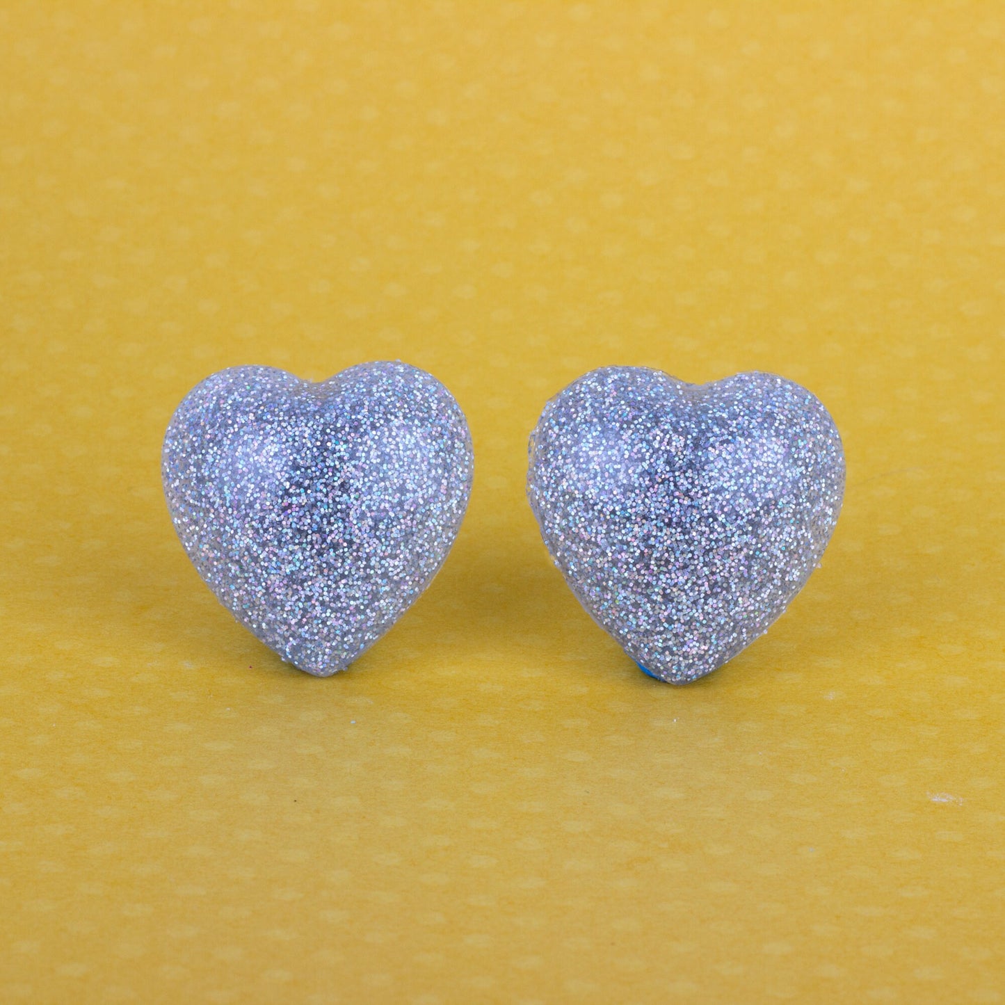 Retro Puffy Silver Holographic Glitter Heart Earrings