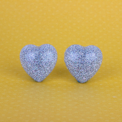 Retro Puffy Silver Holographic Glitter Heart Earrings