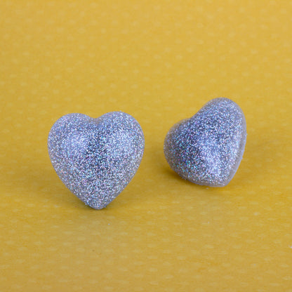 Retro Puffy Silver Holographic Glitter Heart Earrings