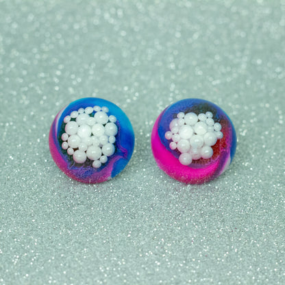 Dome Stud Earrings with Faux Pearls / Blue, Pink + Rainbow