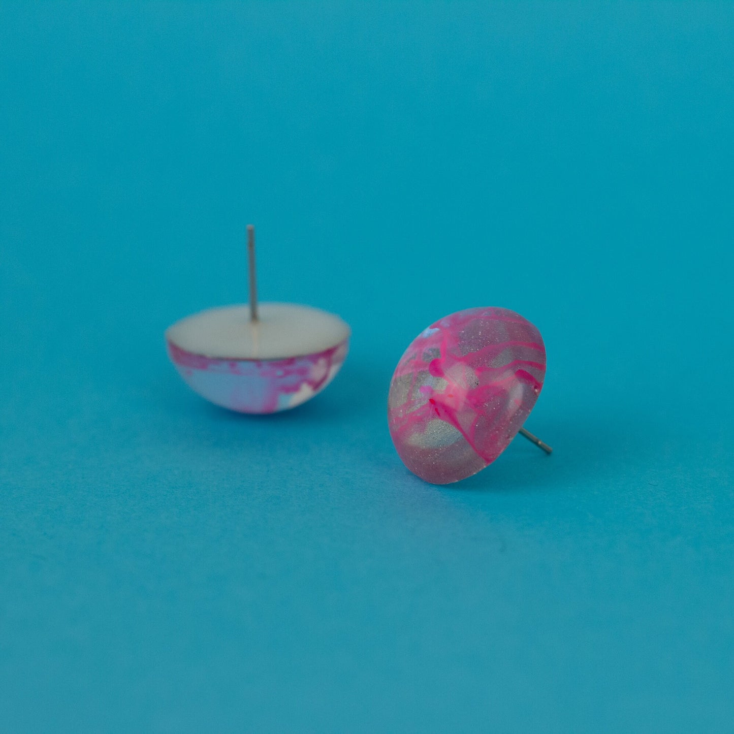 Round Metallic Silver + Pink Edgy Earrings