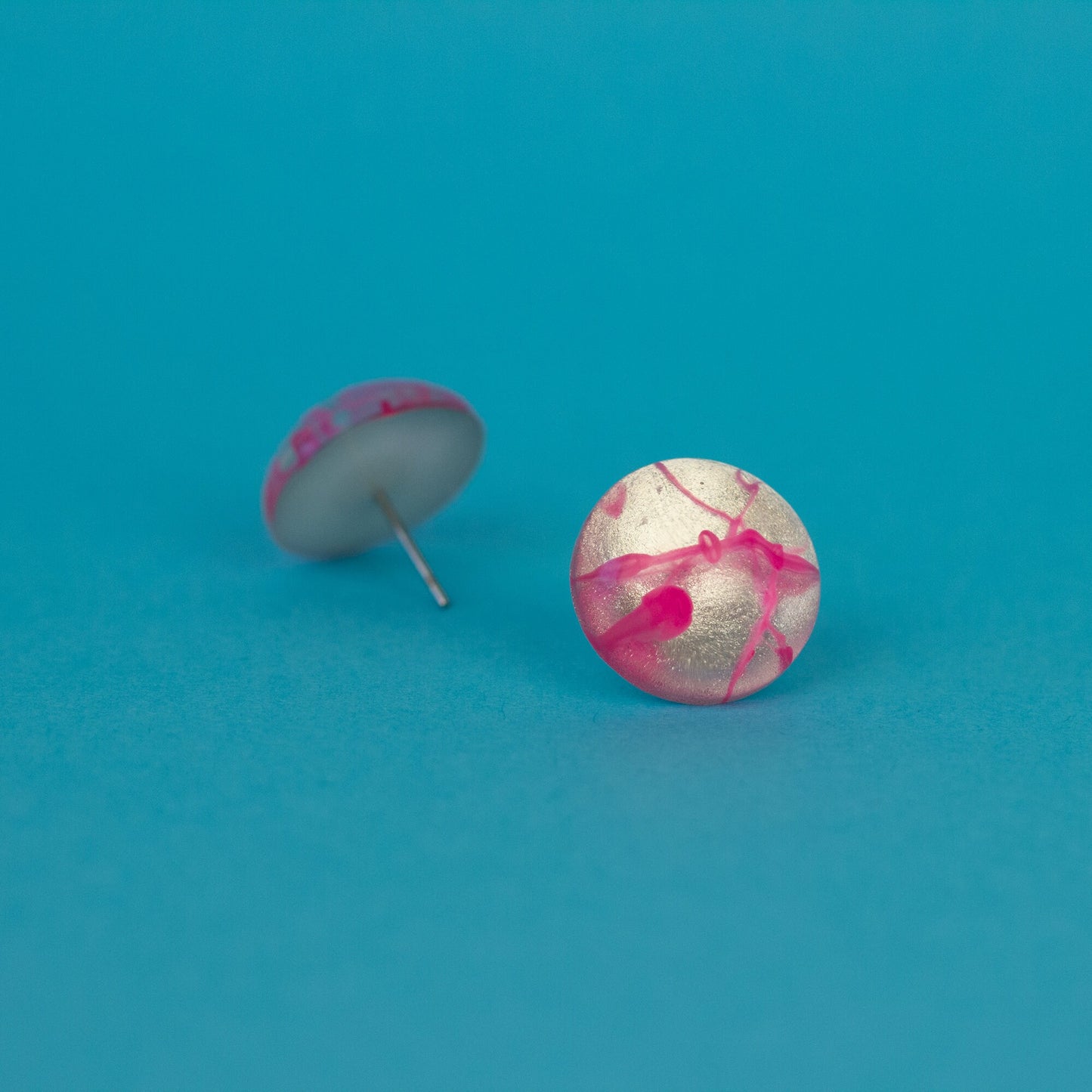 Round Metallic Silver + Pink Edgy Earrings