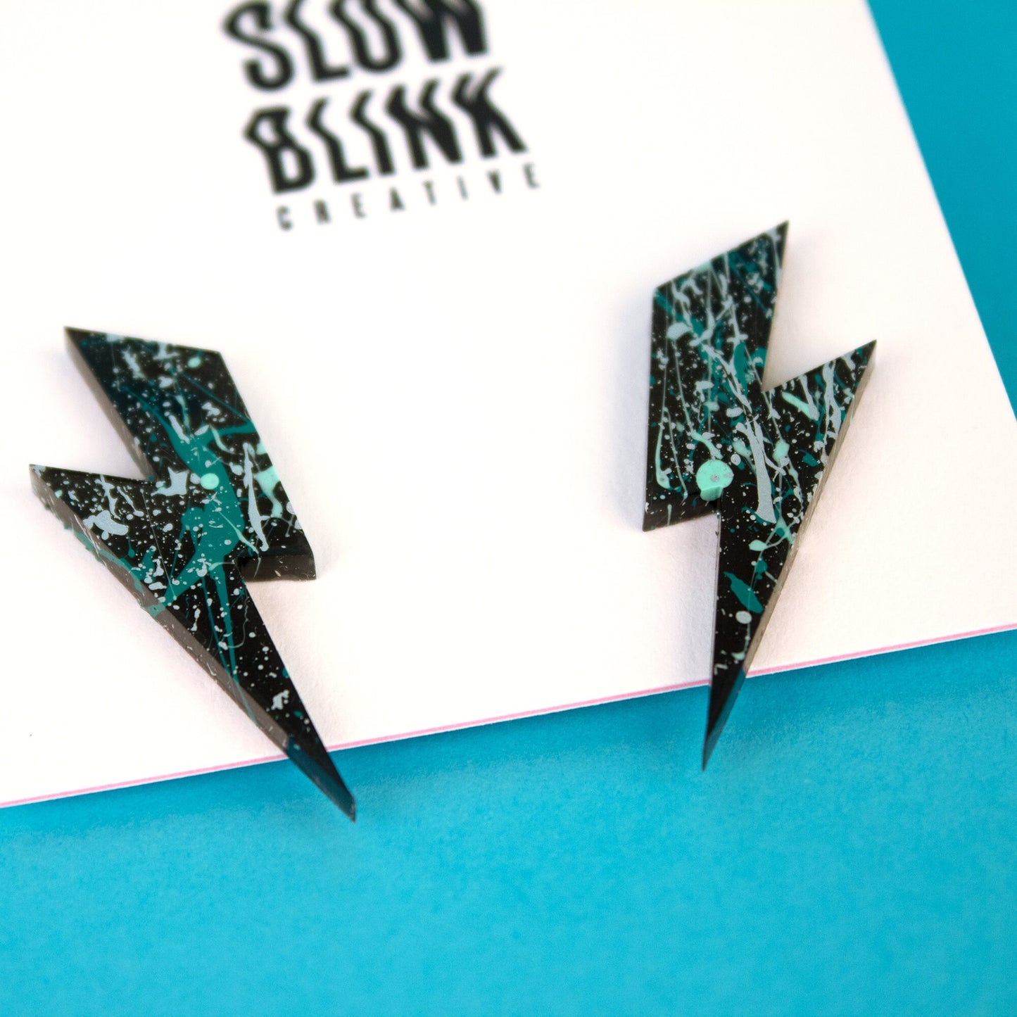 Medium Lightning Bolt Earrings / Black, Silver + Mint