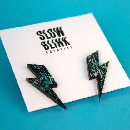 Medium Lightning Bolt Earrings / Black, Silver + Mint