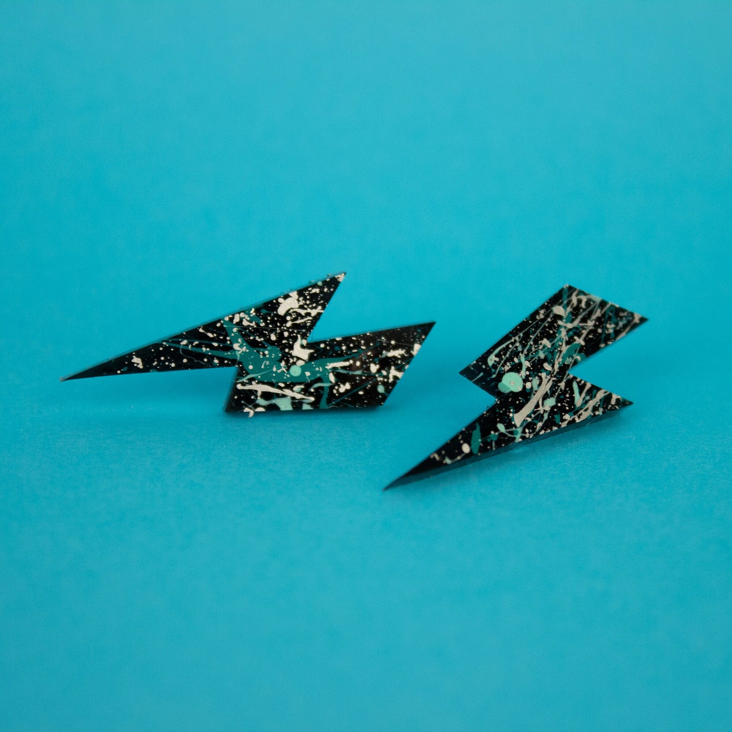 Medium Lightning Bolt Earrings / Black, Silver + Mint