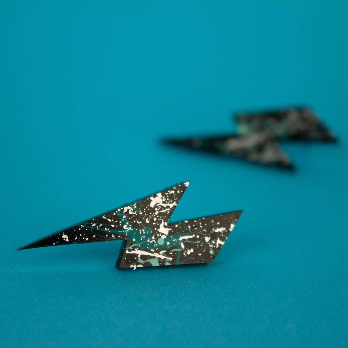 Medium Lightning Bolt Earrings / Black, Silver + Mint