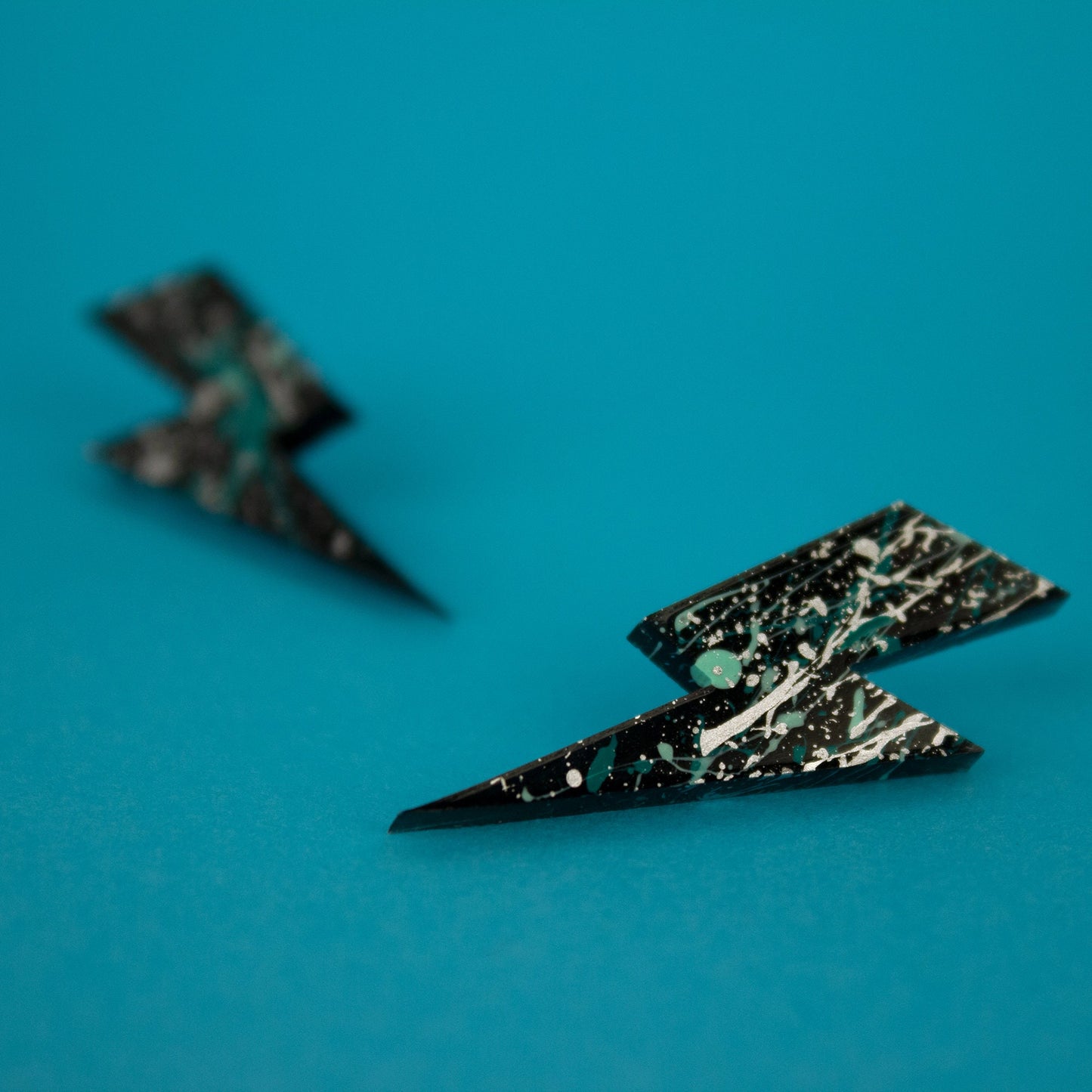 Medium Lightning Bolt Earrings / Black, Silver + Mint