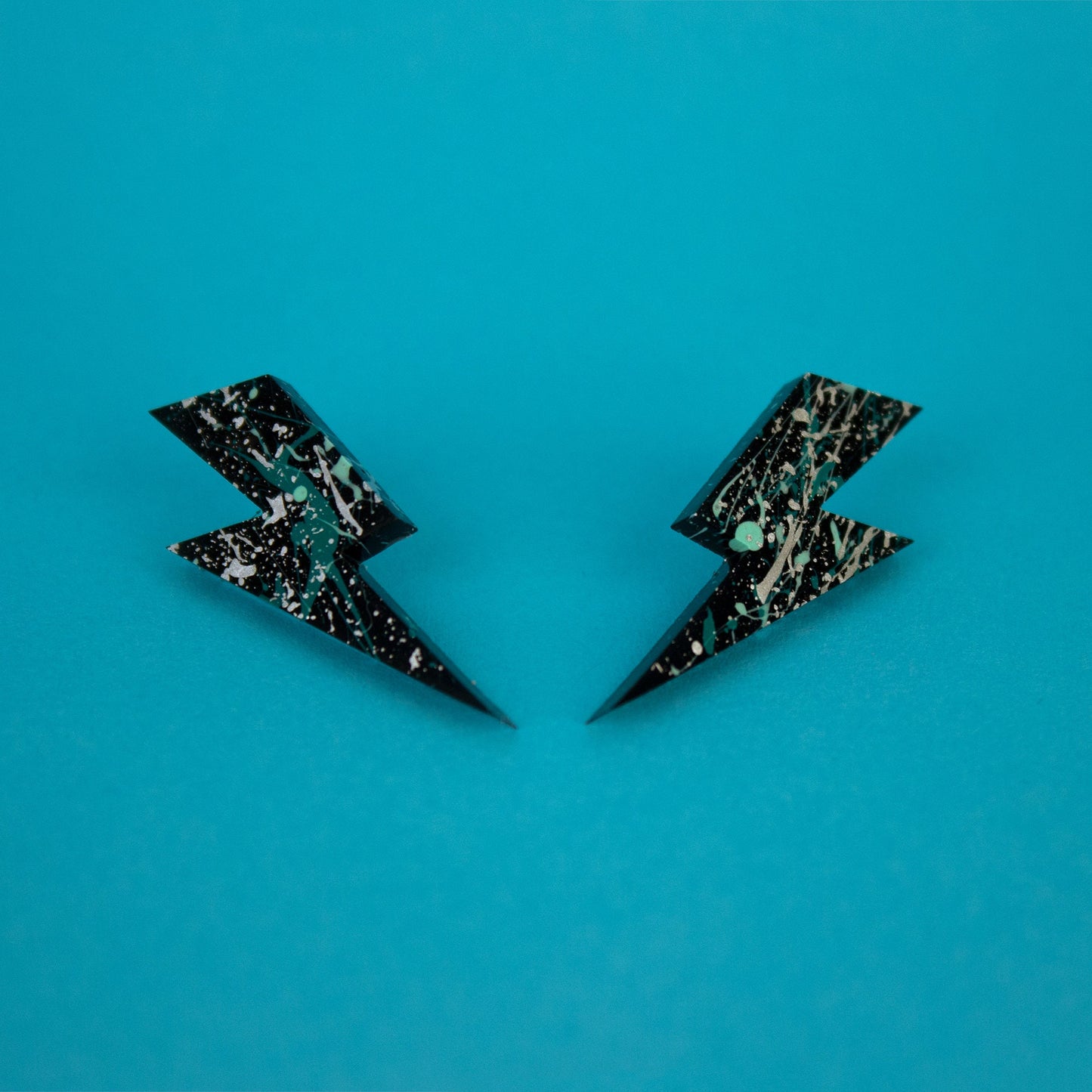 Medium Lightning Bolt Earrings / Black, Silver + Mint