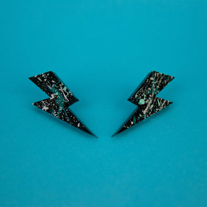 Medium Lightning Bolt Earrings / Black, Silver + Mint