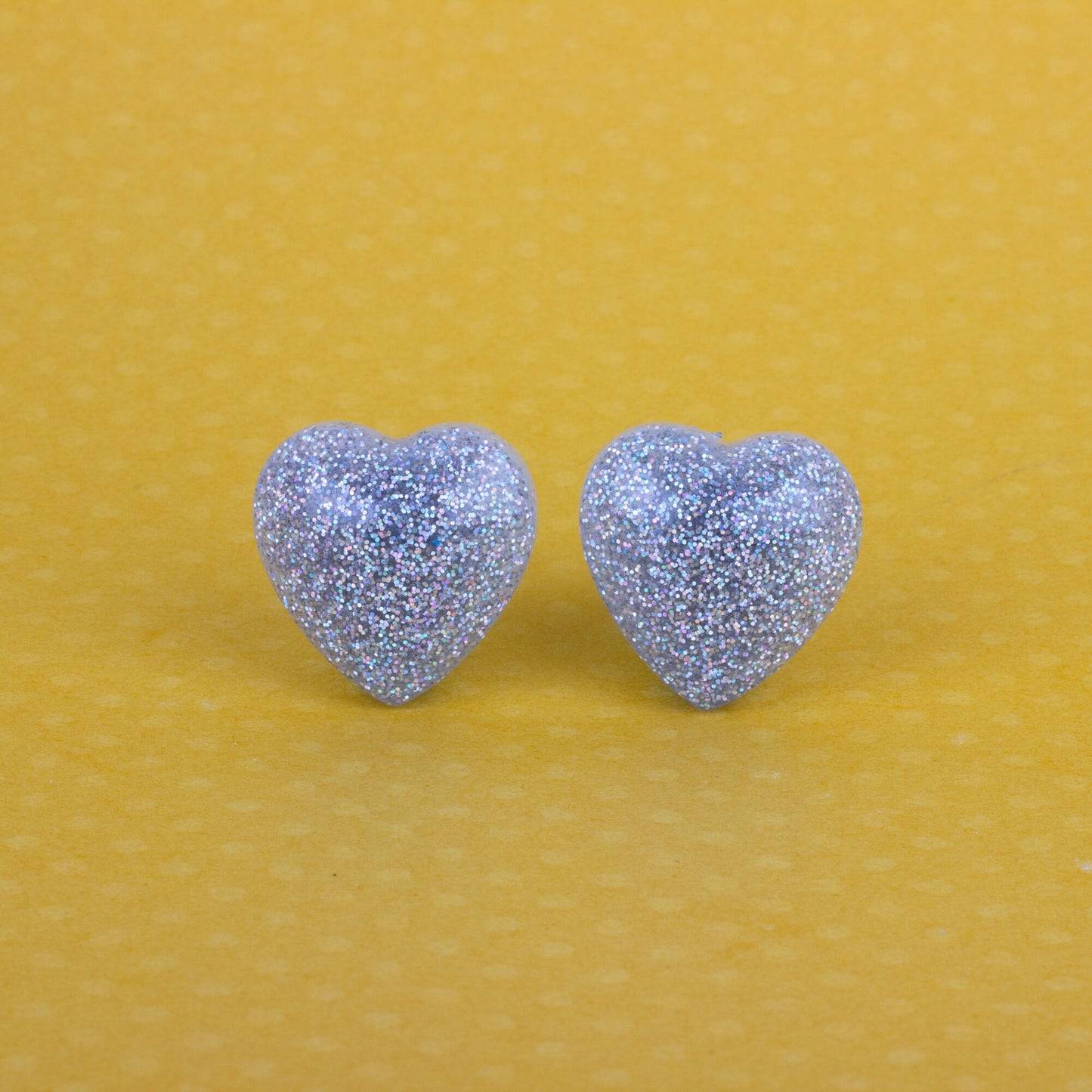 Retro Puffy Silver Holographic Glitter Heart Earrings